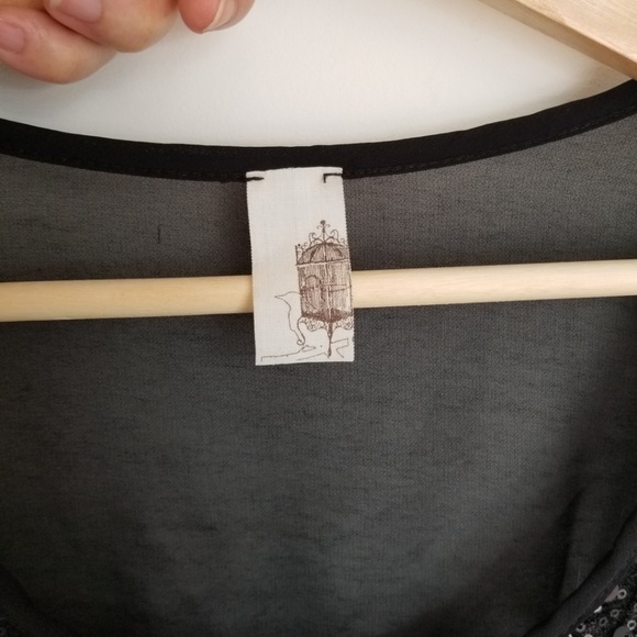 Anthropologie Bird Cage Sheer Black Sequins Shiny Short Sleeve Top - Picture 4 of 6